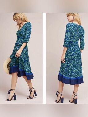 Maeve Anthropologie Green Blue Floral Wrap Midi Dress Size 00P